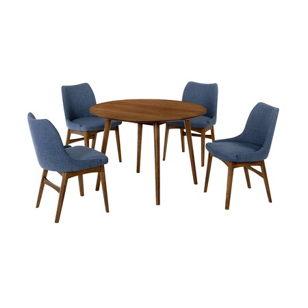 Armen Living Arcadia and Azalea 42" Round Blue and Walnut Wood 5 Piece Dining Set SETARDI5AZWABLU42